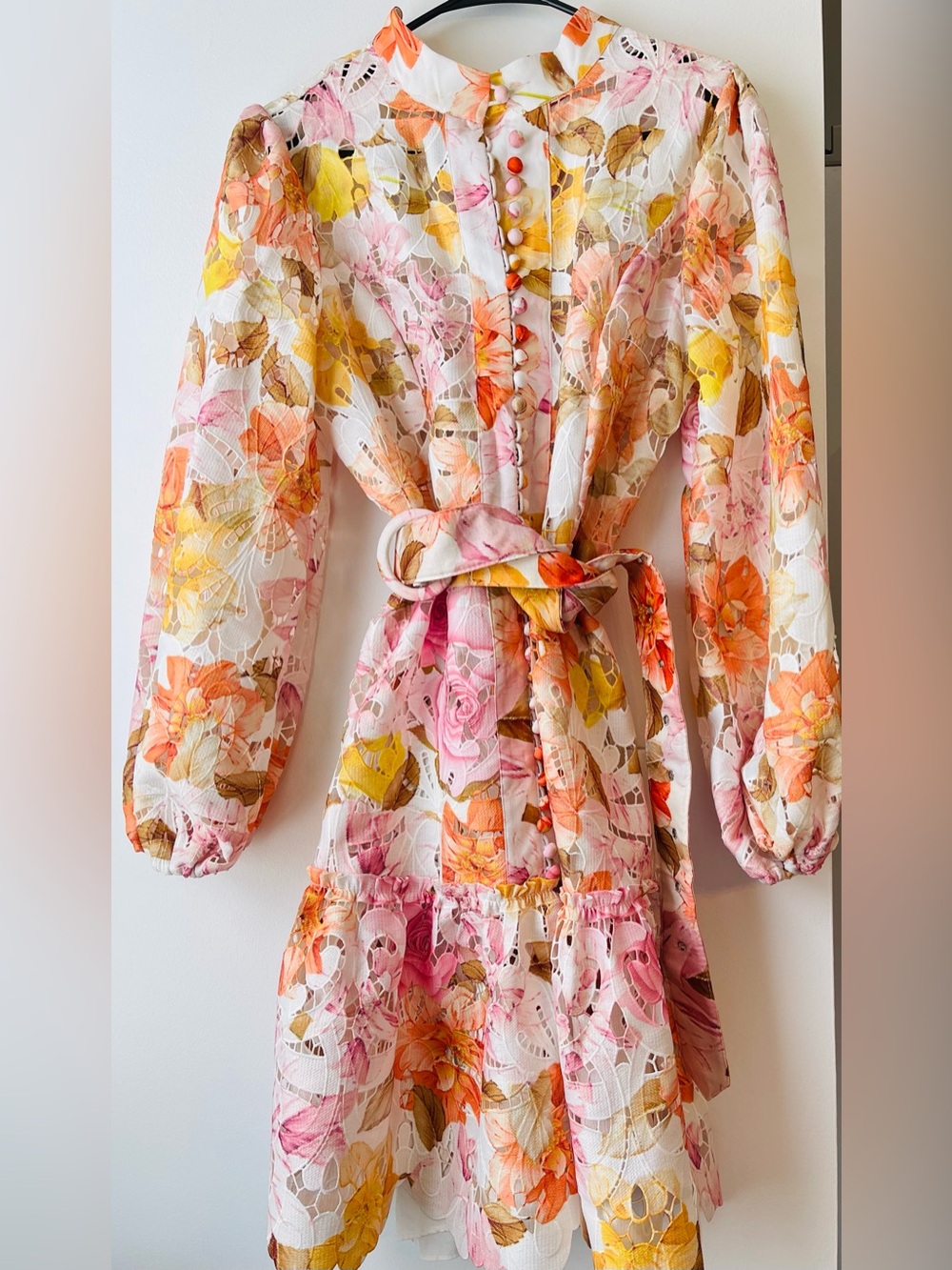 Floral Tiered Long-Sleeve Dress in Pink & Yellow